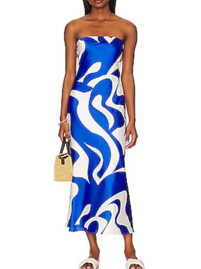 Strapless Blue & White Abstract Maxi Dress